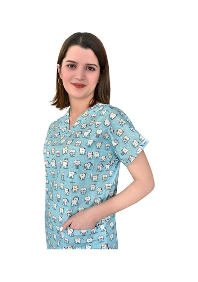 Master Likra Doktor&Hemşire Forması Mavi Diş Desenli Üst