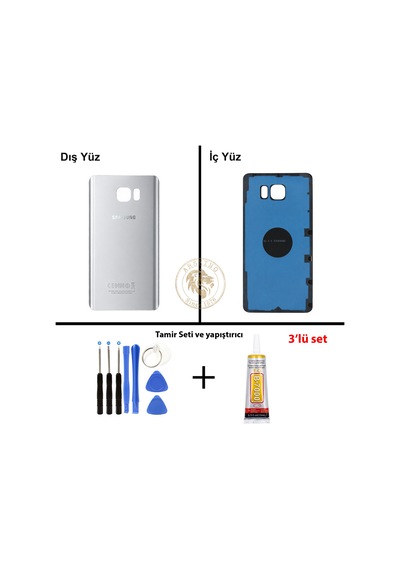 Samsung Galaxy Note 5 Gümüş Renk Arka Kapak + Tamir Seti + B7000 Yapıştırıcı Arka Cam Batarya Kapağı Pil Kapağı Lazer Kesim Back Cover Galaxy Note 5 Uyumlu
