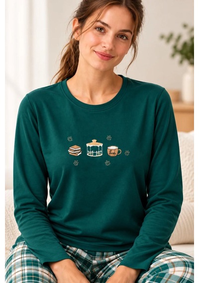 Gd Goldoremi Kadın Ekose Desenli Likralı Termal Kumaş Uzun Kollu Yeşil Pijama Takımı