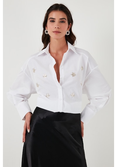 Lela Taş Detaylı Regular Fit Bayan Gömlek 611Go00417 Ekru