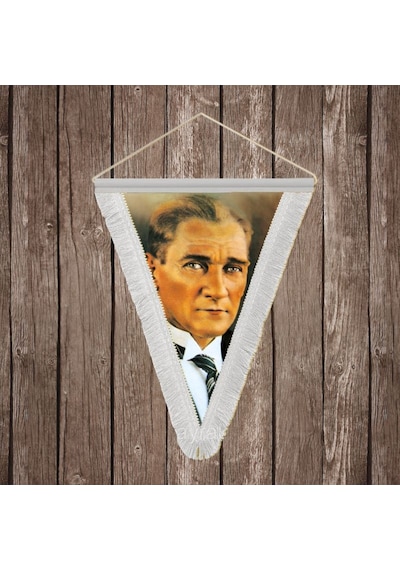 Sivil Mustafa Kemal Atatürk Portresi Beyaz Saçaklı Üçgen Flama Bayrak Hatıra Flama Ata2 Diğer