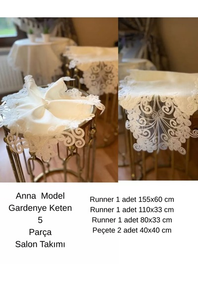 Anna Model Krem Keten Dantelli 5 Parça Salon Takımı Masa Örtüsü Runner Seti Çok Renkli