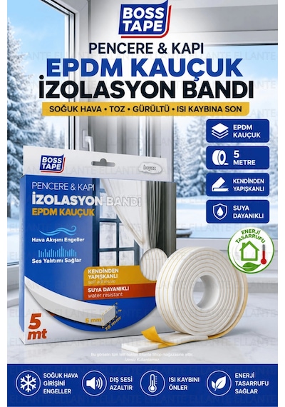Kauçuk Pencere Kapı İzolasyon Bandı 5 Metre Kendinden Yapışkanlı Isı Ses Toz Rüzgar Yalıtım Bandı Be