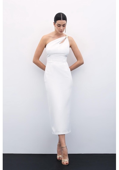 Sateen Aksesuar Detaylı Elbise - Ekru-135810 Ekru