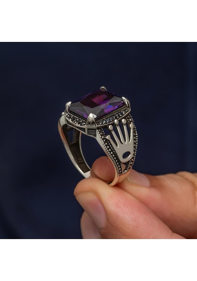 Kare Mor Taşlı 925 Gümüş Erkek Yüzük Beyaz