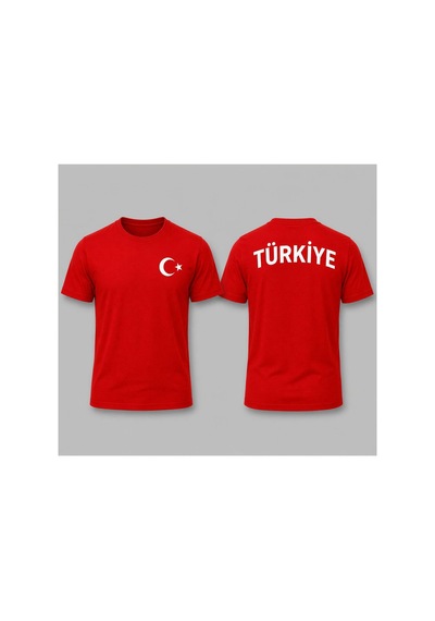 Herkesemoda Ay Yıldız Baskı Detaylı Basic T-shirt Kırmızı