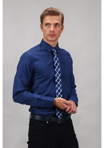 Tudors 12773 Modern Slim Fit Dar Kesim Armürlü Erkek Gömlek Lacivert