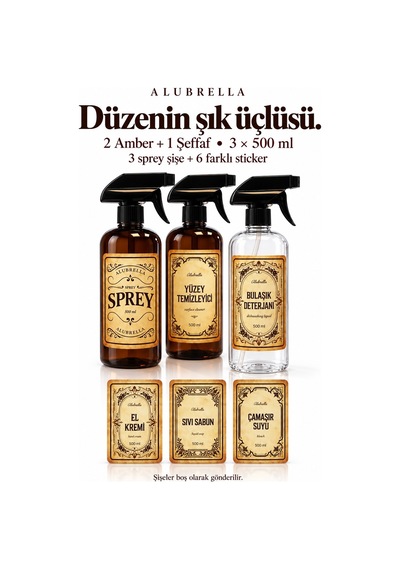 Alubrella 500 Ml 2 Amber Ve 1 Şeffaf Boş Sprey Şişe 3 Lü Set Ve 6 Lı Etiket