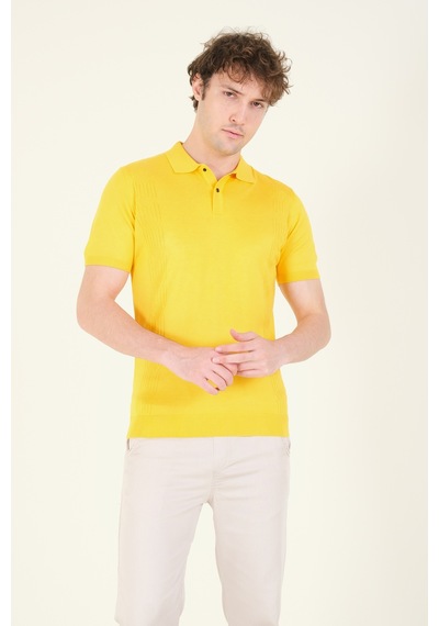 Giyim Dünyası Erkek Yanları Desenli Polo Yaka Merserize T-shirt Sarı 001