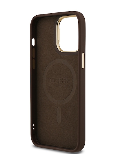 Apple Uyumlu iPhone 14 Pro Max Kılıf Guess Lisanslı Üçgen Logo 4g Desenli Kamera Standlı Kapak Kahverengi