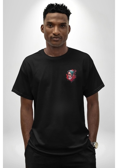 Santa Cool Gözlüklü Siyah Oversize Unisex Ön Sol Yan Minimal Baskılı Tişört Koyu Siyah
