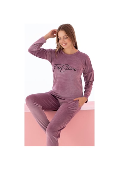 Farya Home Luxury Velvet Fransız Kadife Yazı Detaylı Pijama Takımı Lila
