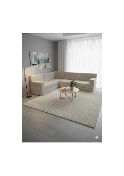 Premium Kadife Kumaş, Konforlu Yer Kanepesi ,modüler Şark Köşesi Takımı - Krem - 40 Cm- L Set