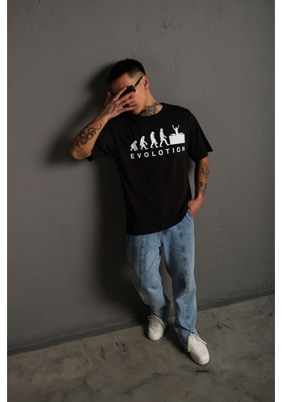 Technomonkey Siyah Oversize Evolution Baskılı Unisex Tişört