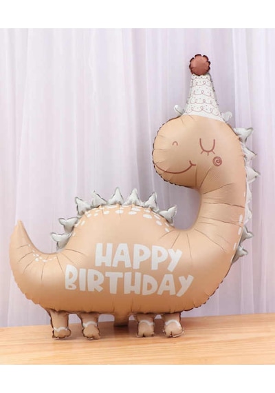 Retro Dinozor Folyo Balon Happy Birthday Yazılı Kukutelalı Dinazor Doğum Günü Balonu Açık Kahverengi