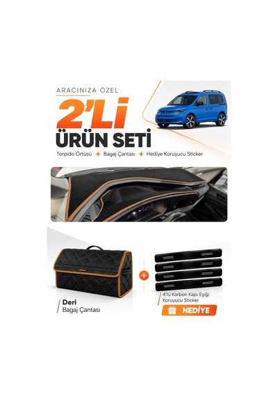 Volkswagen Caddy 2022-2026 Uyumlu Torpido Örtüsü + Deri Bagaj Çantası + Sticker - Siyah Kahverengi