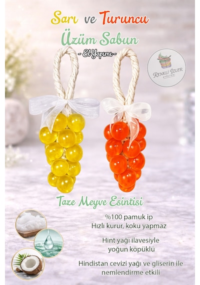 El Yapımı Üzüm Salkım Sabun İkili Set-sarı Ve Turuncu Kurdelalı Karışık Meyve