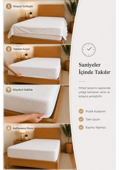 Fitted Bazalı Sıvı Geçirmez Yatak Alez Koruyucusu Beyaz Beyaz