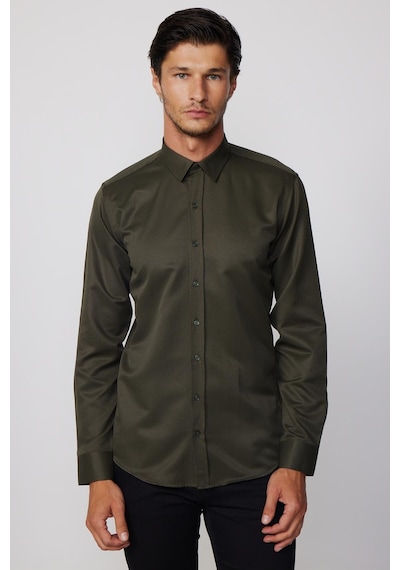 Tudors Modern Slim Fit Pamuklu Kolay Ütü Armürlü Haki Erkek Gömlek - Tudors-28352-haki Haki