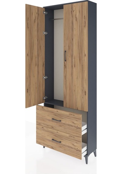 Arges Dolap Tek Raflı 2 Çekmeceli Tek Askılı 88x30x243 Antras... Antrasit
