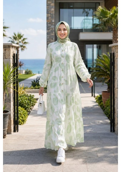 Hb Harma Time Butik Kadın Düğmeli Desenli Modal Kumaş Haki Elbise