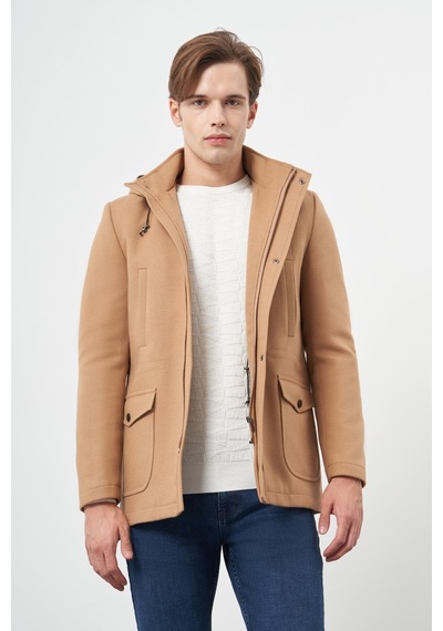 İmza Camel Kaşe Dik Yaka Astarlı Slim Fit Dar Kesim Klasik Kaban 1008245272 Camel