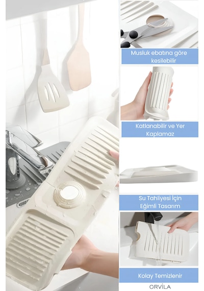 Elastik Musluk Matı Su Tutucu Düzenleyici Kaydırmaz Taban Organizer Mutfak Banyo Lavabo Beyaz