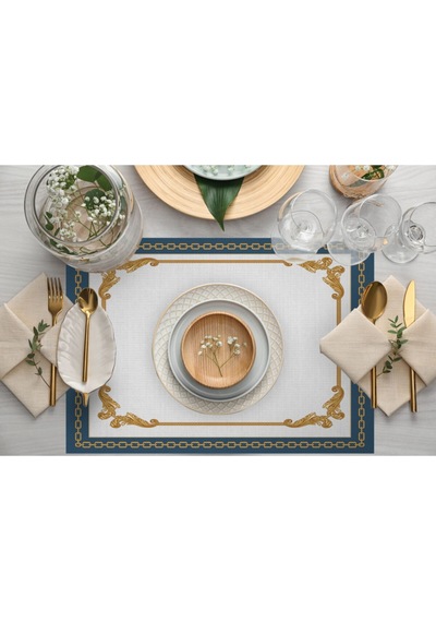 Mavi Barok Desen Kumaş Amerikan Servis 4'lü Set 35x50cm Keten, Ulusl. Yıkama Ve Solmama Sertifikası Çok Renkli