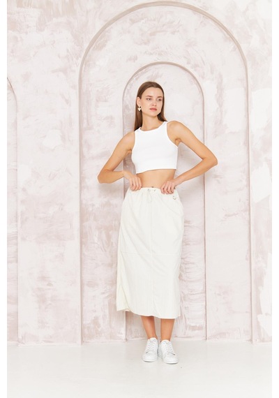 Darlin Moda Kadın Ekru Paraşüt Etek Midi Cep Detaylı Beli Lastikli Stoperli Dm2036 Ekru