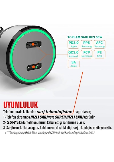 Hızlı Araç Şarj Aleti İphone 11-12-13-14 Telefonlar İçin