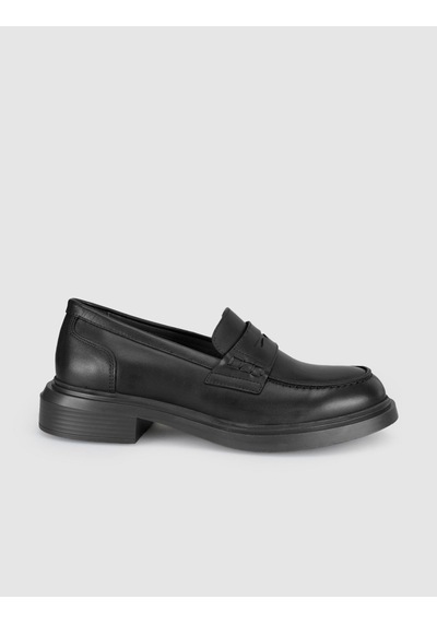 Siyah Hakiki Deri Kalın Taban Kadın Loafer Ayakkabı