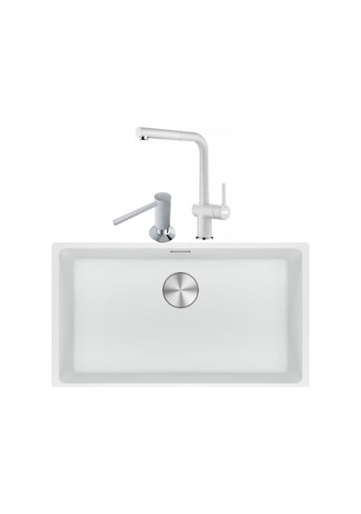Franke Maris MRG 210/110-72 Bianco Granit Eviye + Active Plus Doccia 2.0 Armatür + Sıvı Sabunluk Üçlü Set Bianco Beyaz