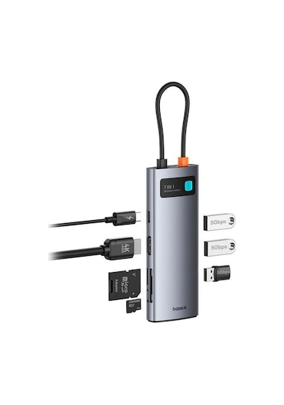 Baseus 100w 7in1 Çevirici Çoğaltıcı Adaptör, 3x Usb, 1x Type C, 1x 60hz Hdmı, 1x Tf-sd Girişli Hub