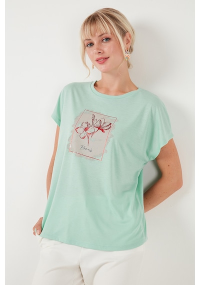 Lela Baskılı Bisiklet Yaka Regular Fit Bayan T Shirt 6671002 Mint