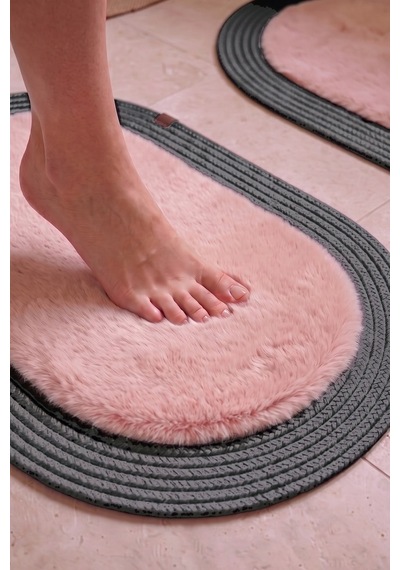 Banyo Paspası Takımı 60x100+40x60 Cm Düz Pembe & Antrasit Gri