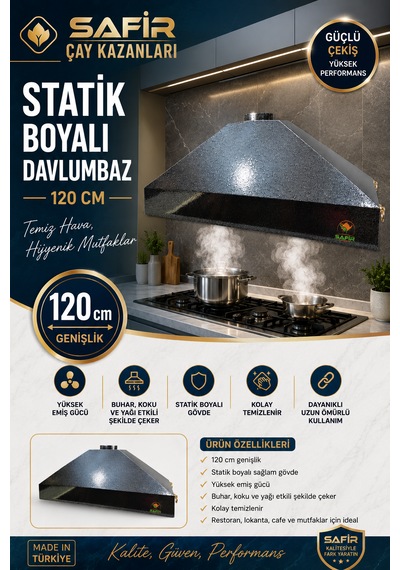 Safir Gri Statik Boyalı Davlumbaz 120 Cm Ebatlı Safir Davlumbaz 5 Ve 6 Gözlü Çay Kazanı İçin Davlumbaz