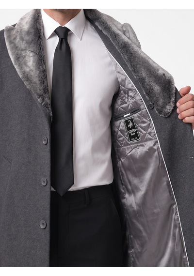 Plus Scorpion Erkek Uzun Kaşe Kaban Çıkartılabilir Kürk Yaka, Astarlı Ve Cepli Slim Fit Mont Antrasit