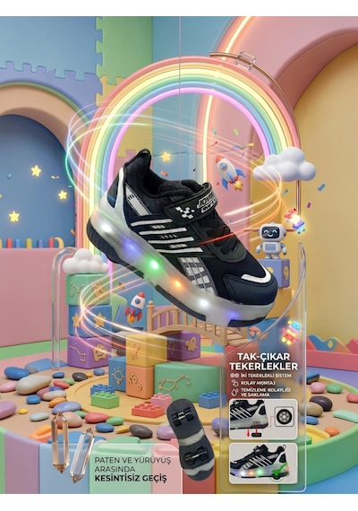 Enoch Çocuk Patenli Işıklı Tekerlekli Spor Ayakkabı & Rahat Cırt Cırtlı Kaykay Ayakkabı 4 Tekerli Sneaker SİYAH-BEYAZ Enoch Çocuk Patenli Işıklı Tekerlekli Spor Ayakkabı & Rahat Cırt Cırtlı Kaykay Ayakkabı 4 Tekerli Sneaker SİYAH-BEYAZ