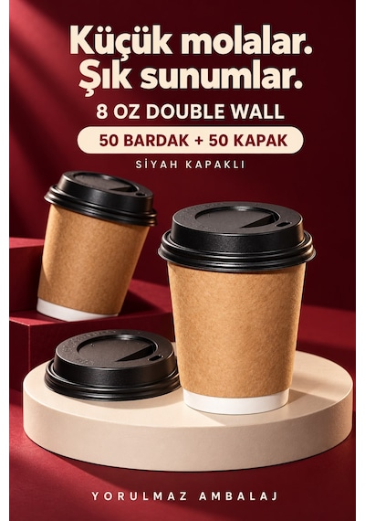 Double Wall Kapaklı Karton Bardak 8 Oz 50 Adet Çift Katmanlı Sıcak İçecek Kağıt Bardak Renkli