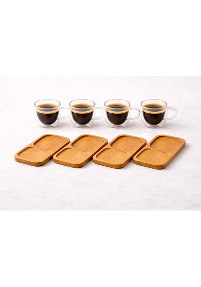 Çift Katmanlı 4'lü Espresso Cam Bardak Seti 80 Ml & Tabak 4 Lü Set Borosilikat Cam, Isı Yalıtımı, Bulaşık Makinesi Uyumlu, Türk Kahvesi Ristretto Macchiato İçin çok renkli