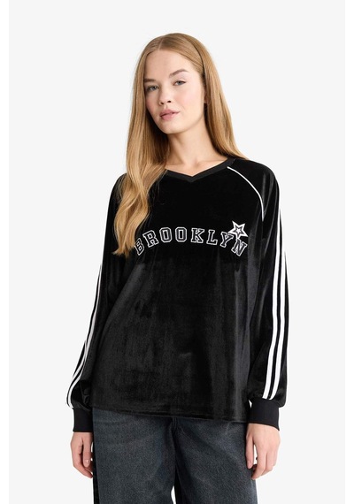 Defacto Oversize Geniş Kalıp V Yaka Baskılı Kadife Sweatshirt G3729ax25wnbk81 Siyah-bk81