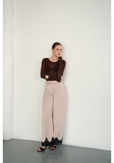 Verymoda Paçası Dantelli Saten Pantolon D2969 Taş