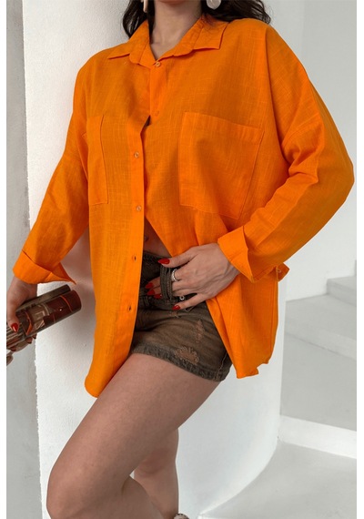 Paw Garage Kadın Harper Çift Cepli Oversize Keten Gömlek, 2025 Summer Collection Turuncu