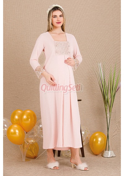 Lady Pembe Renk Dantel Detaylı 33501 Sabahlıklı 2li Hamile Gecelik Takım Set Açık Pembe