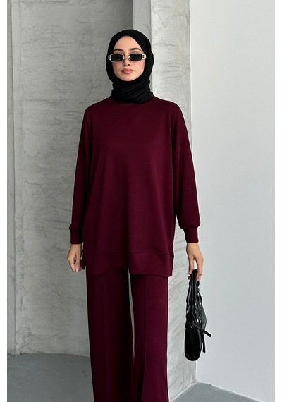 Feela Moda Kadın Modal Penye Oversize Tesettür Tunik Takım 2020 Bordo
