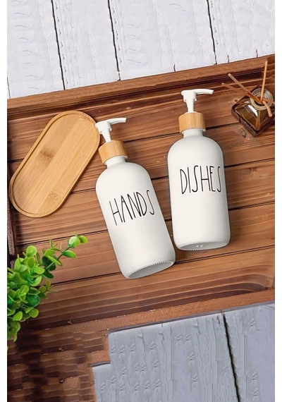 2 Li Soft Beyaz Dekoratif Mutfak Banyo Sıvı Cam Sabunluk Seti 500ml Bambu Stantlı Set Siyah - Beyaz