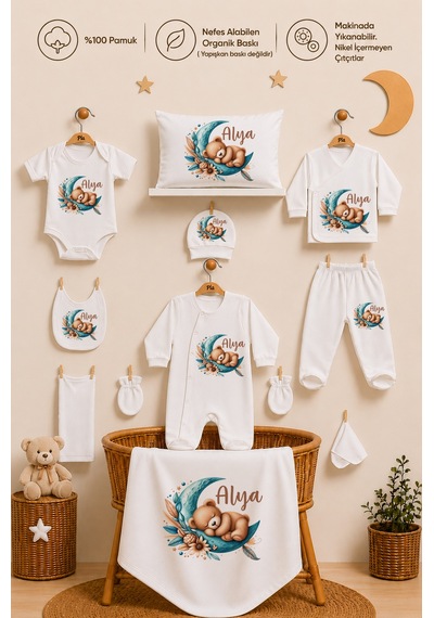 Pia Baby 11 Parça İsme Özel Kız Bebek Hastane Çıkışı %100 Pamuk Organik Baskılı 1012110x Ekru