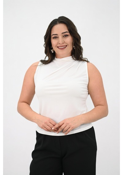 Kadın Büyük Beden Drape Detaylı Dik Yaka Bluz 1851-25 001