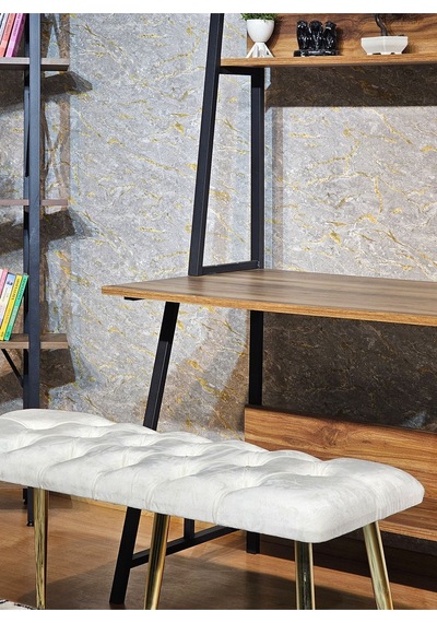 Zafir Gold Metal Krem Oturaklı Sivriltme Ayaklı Babyface Puf & Bench & Oturak Krem