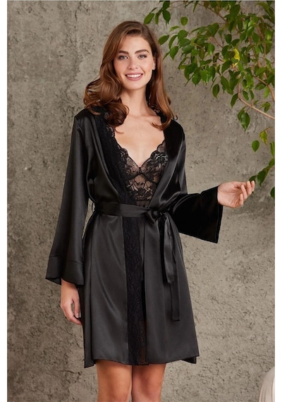 Pierre Cardin 7015 Kadın Dantelli Saten 4'lü Set-siyah